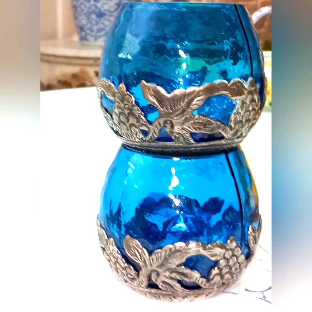 Set of 2 Glass Candle Votive 3.5" Metal Cap - Sky Blue